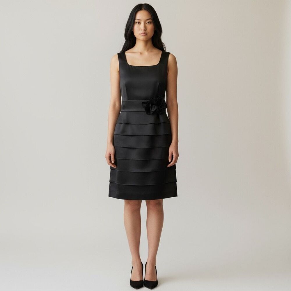 Sandra Darren Solid Black Sleeveless Party Dress Layers Flowers Sleeveless 12